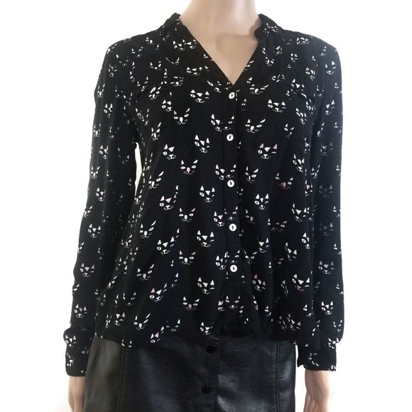 Anthropologie Tops - Maeve | Black Cat Print Semi-Sheer Button Up Top